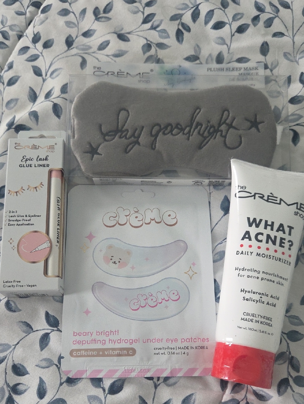 the Crème Shop Gray Plush 'Say Goodnight' Sleep Mask + Skincare Bundle